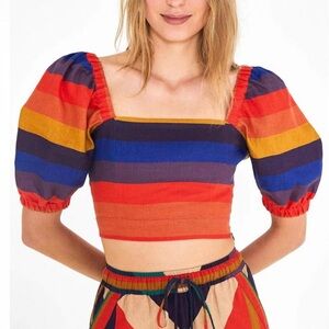 NWT Farm Rio rainbow puff sleeve crop top in rainbow stripes